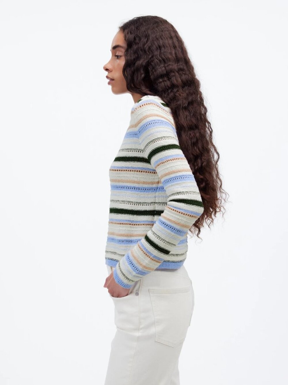 MADEWELL Textural-Stitch Johnny Collar Sweater peri blue multi stripe small - Picture 2 of 6